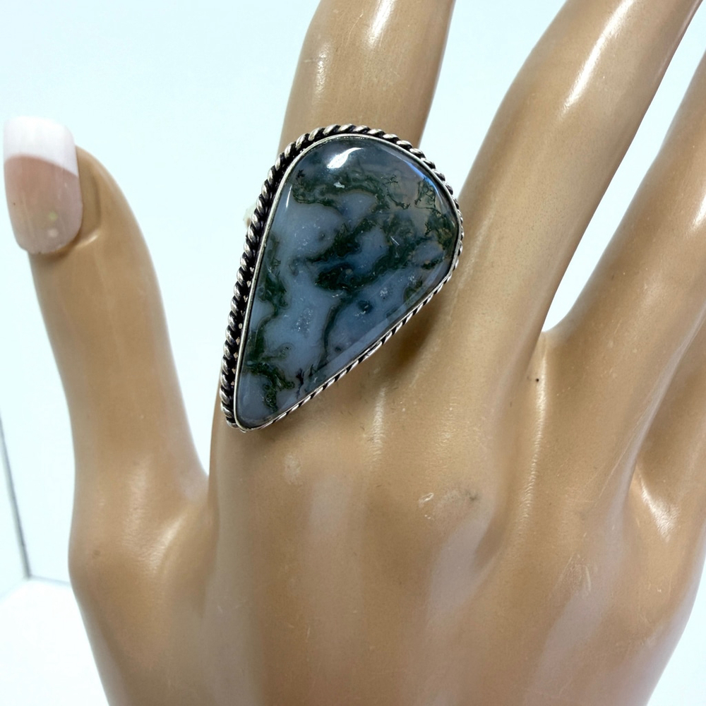 Hand Crafted Ring Moss Agate Silver‎ Plated Gift Boxed Adjustable Size 7.5–10.5